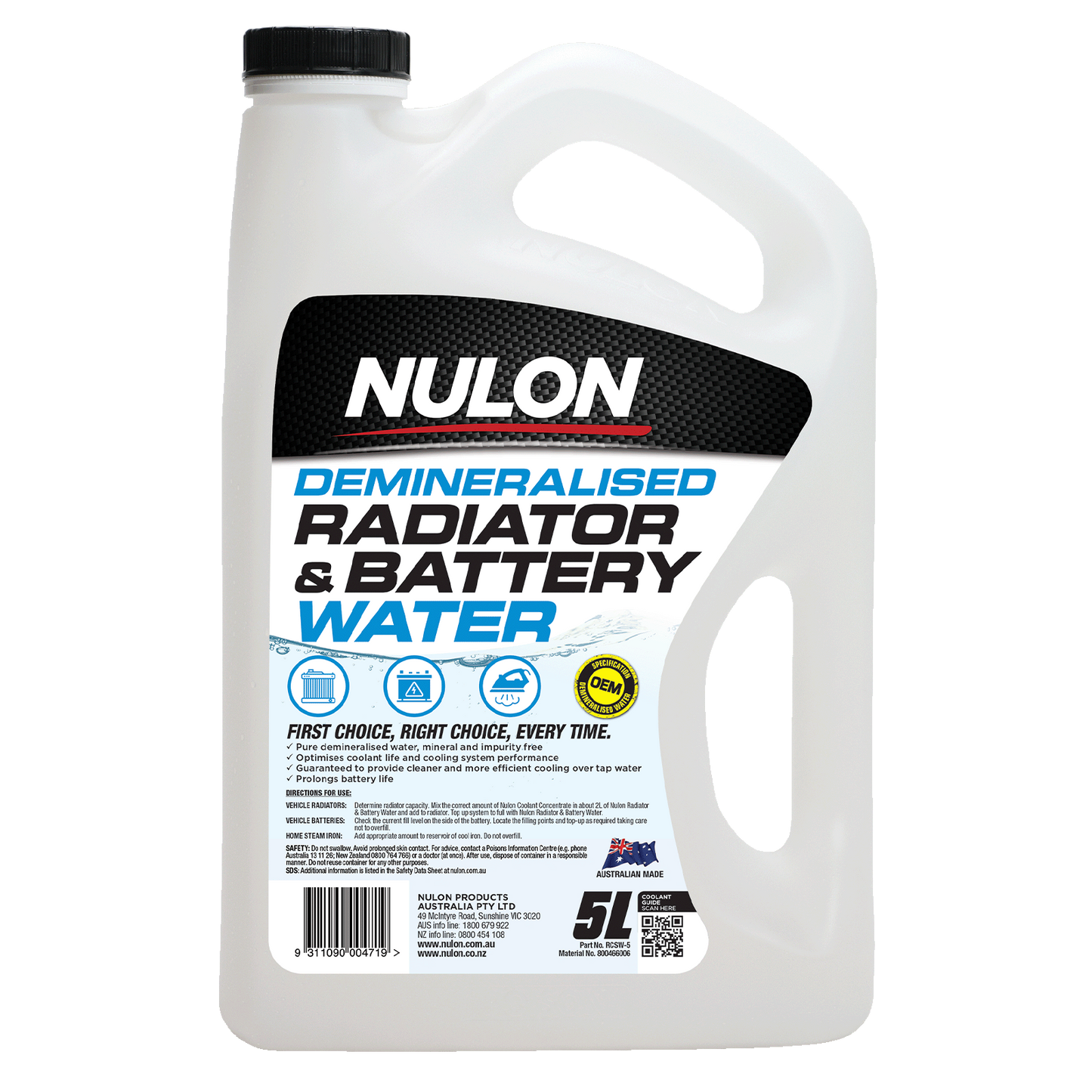 Nulon Demineralised Radiator & Battery Water - 5L