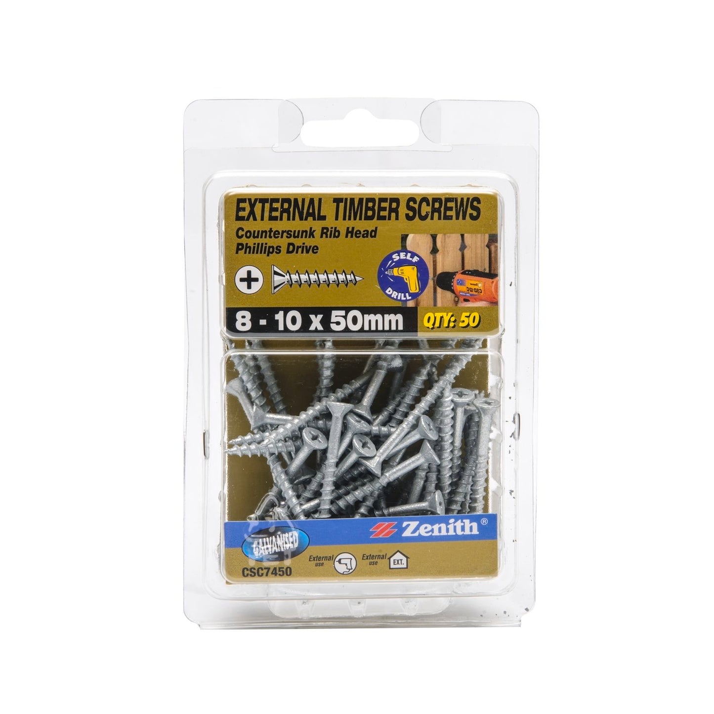 Zenith Timber Screws - 10 x 50mm - Galvanised Rib Head - 50 Pack