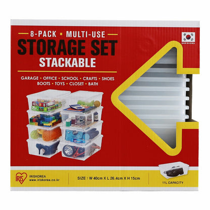 Iris Stackable Storage Box Clear Plastic 11L 8 Pack