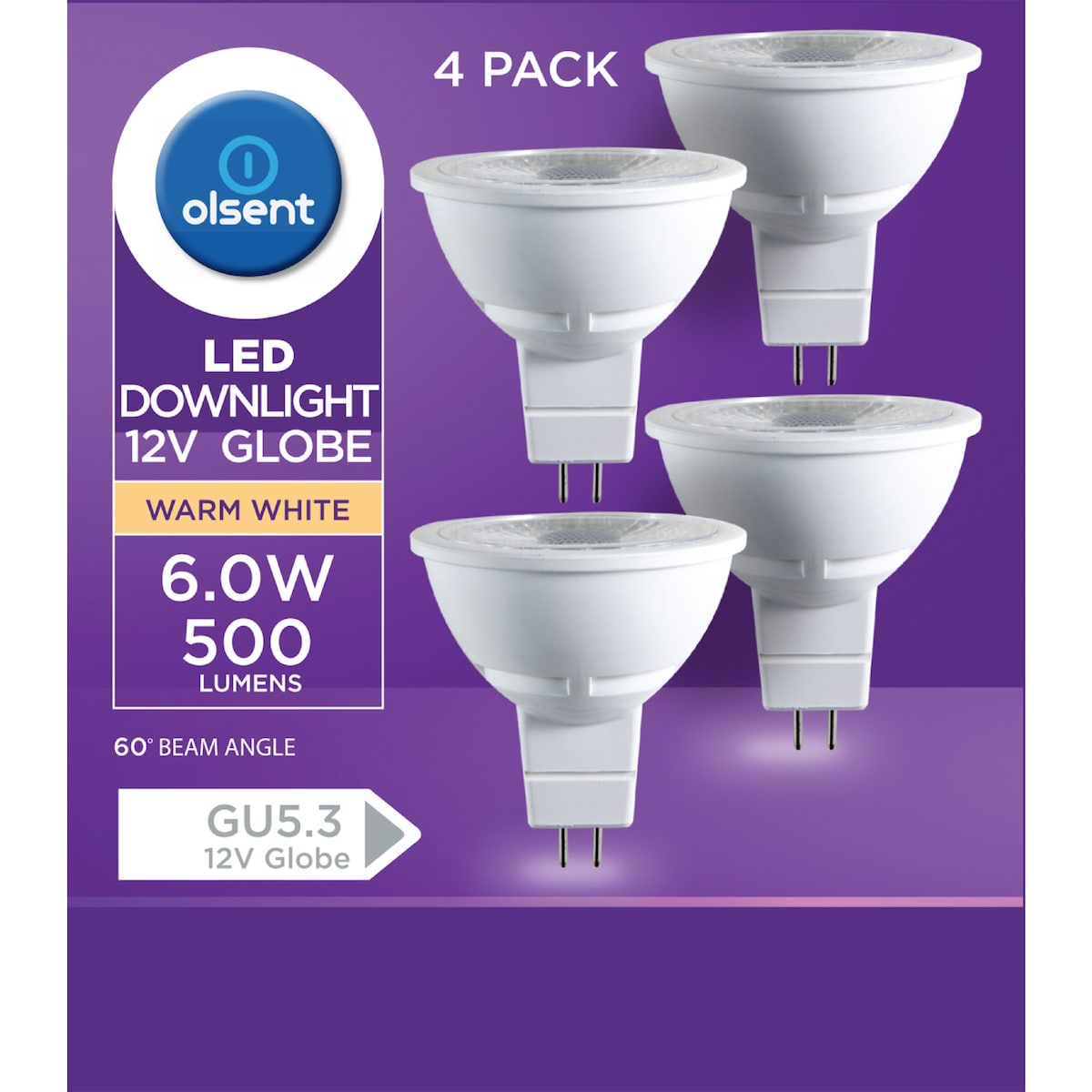 Olsent Led Downlight Globe Gu5.3 6.0w 500lm Warm White 4 Pack