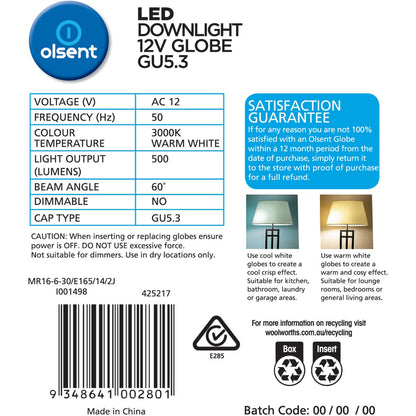 Olsent Led Gu5.3 Mr16 6w 500lm Ww 60 4 Pack