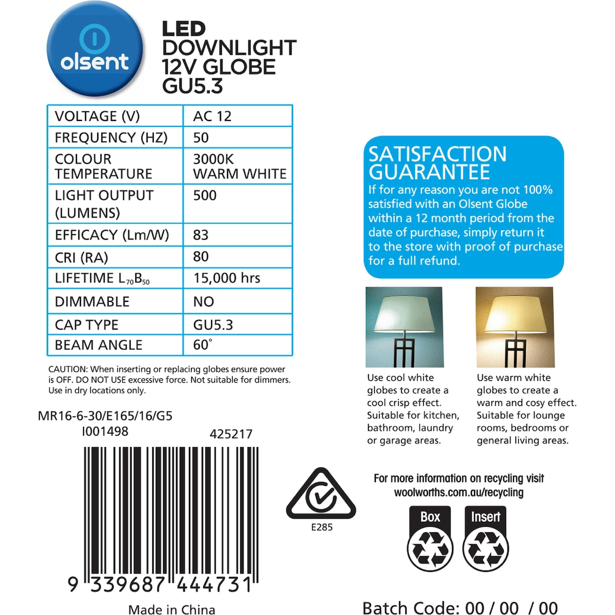 Olsent Led Downlight Globe Gu5.3 6.0w 500lm Warm White 4 Pack