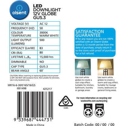 Olsent Led Downlight Globe Gu5.3 6.0w 500lm Warm White 4 Pack