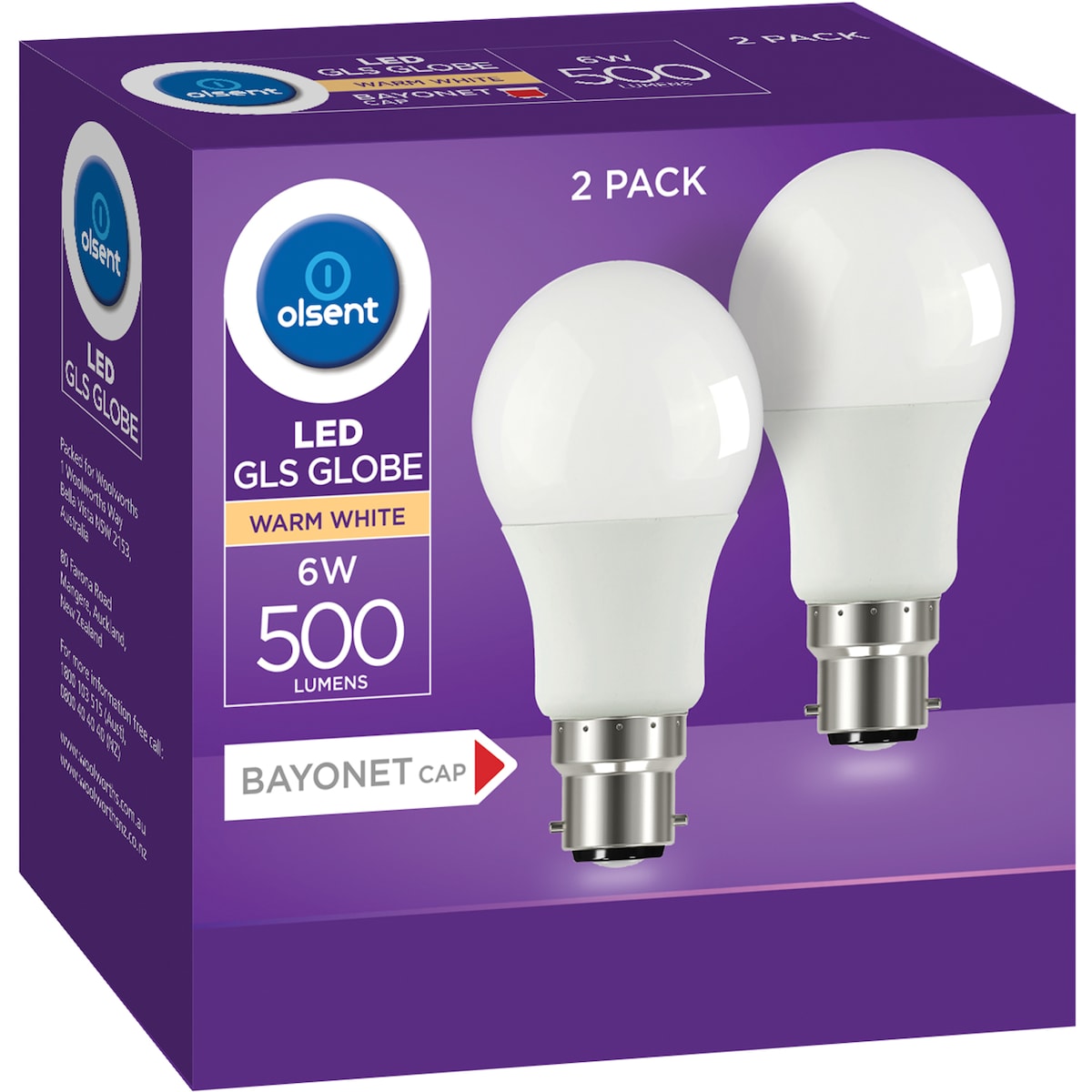 Olsent Led Gls Bc 6w 500lm Ww 2 Pack