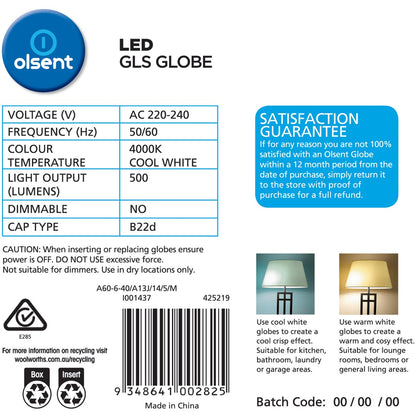 Olsent Led Gls Bc 6w 500lm Cw 2 Pack