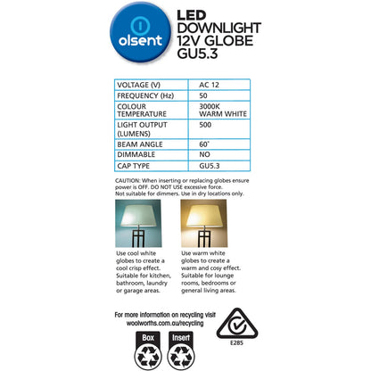 Olsent Led Gu5.3 Mr16 6w 500lm Ww 60' 2 Pack