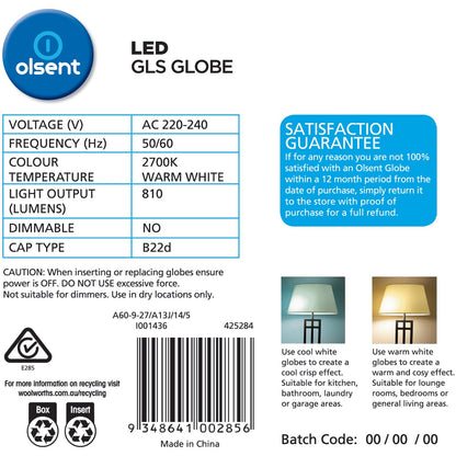 Olsent Led Gls Bc 9w 810lm Ww 2 Pack