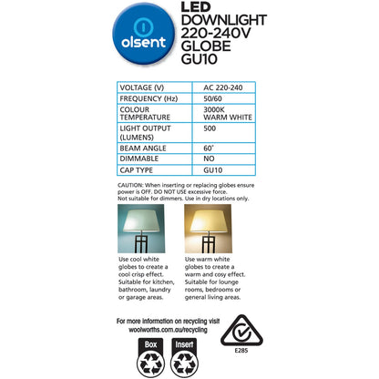 Olsent Led Gu10 6W 500Lm Ww 60' 3000K 60' 2 pack