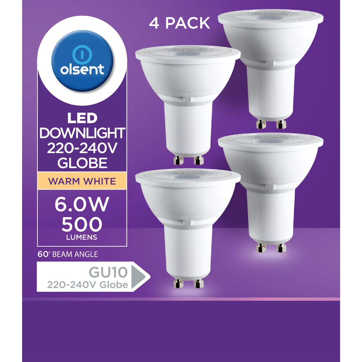Olsent Led Gu10 6.0w 500lm Warm White 4 Pack