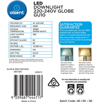 Olsent Led Gu10 6.0w 500lm Warm White 4 Pack