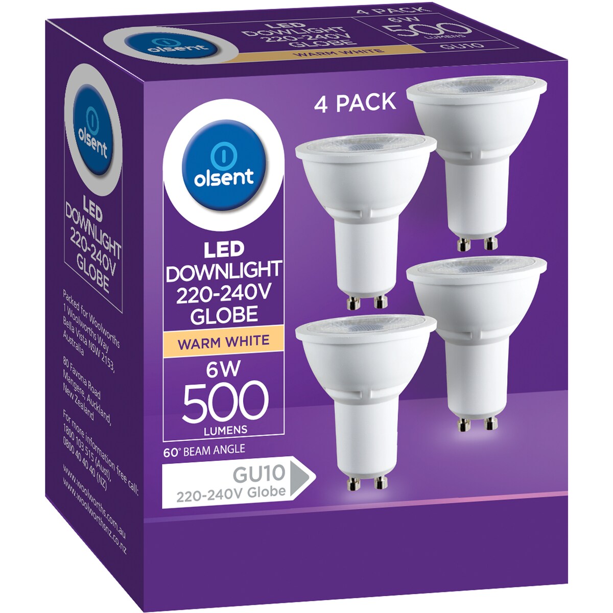 Olsent Led Gu10 6w 500lm Ww 60 3000k 60 4 Pack