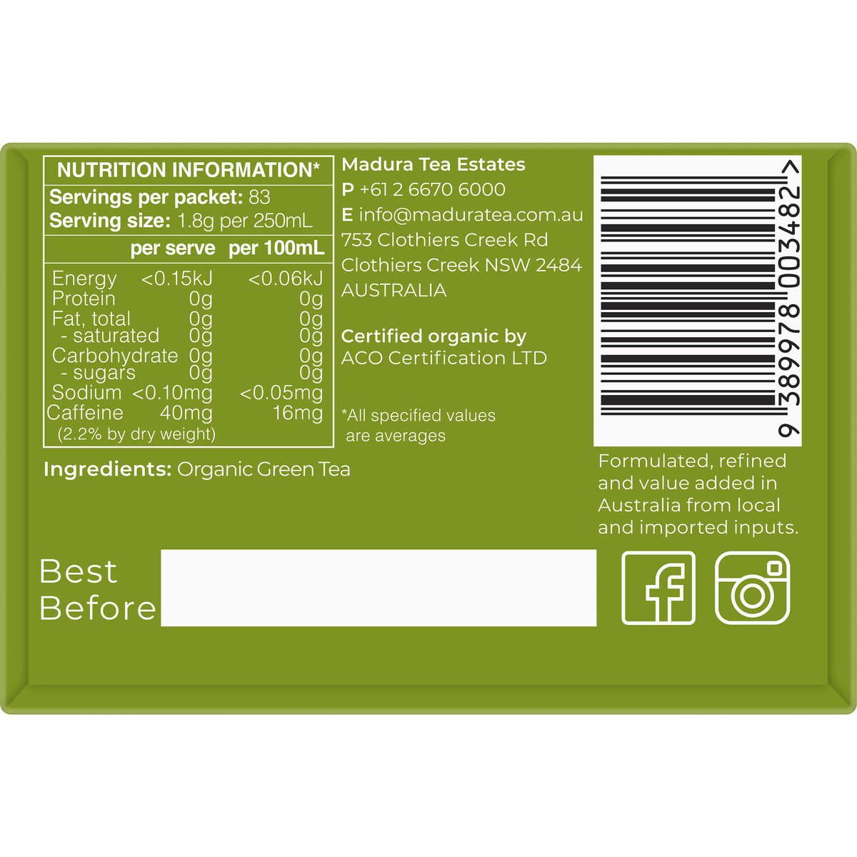 Madura Green Leaf Tea Organic 150g