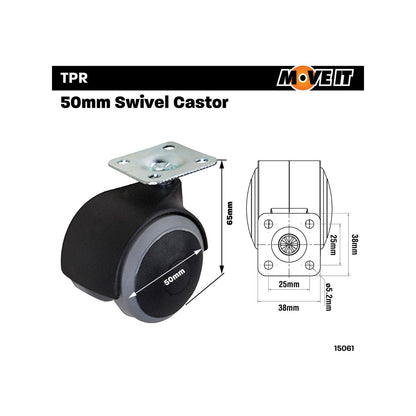 Moveit 50mm Hooded Grey Castor 2 Pack Steel Rubber Soft Tread