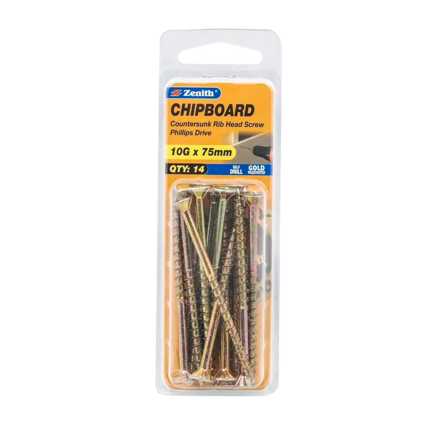 Zenith Chipboard Screws - 10g x 75mm - Gold - 14 Pack