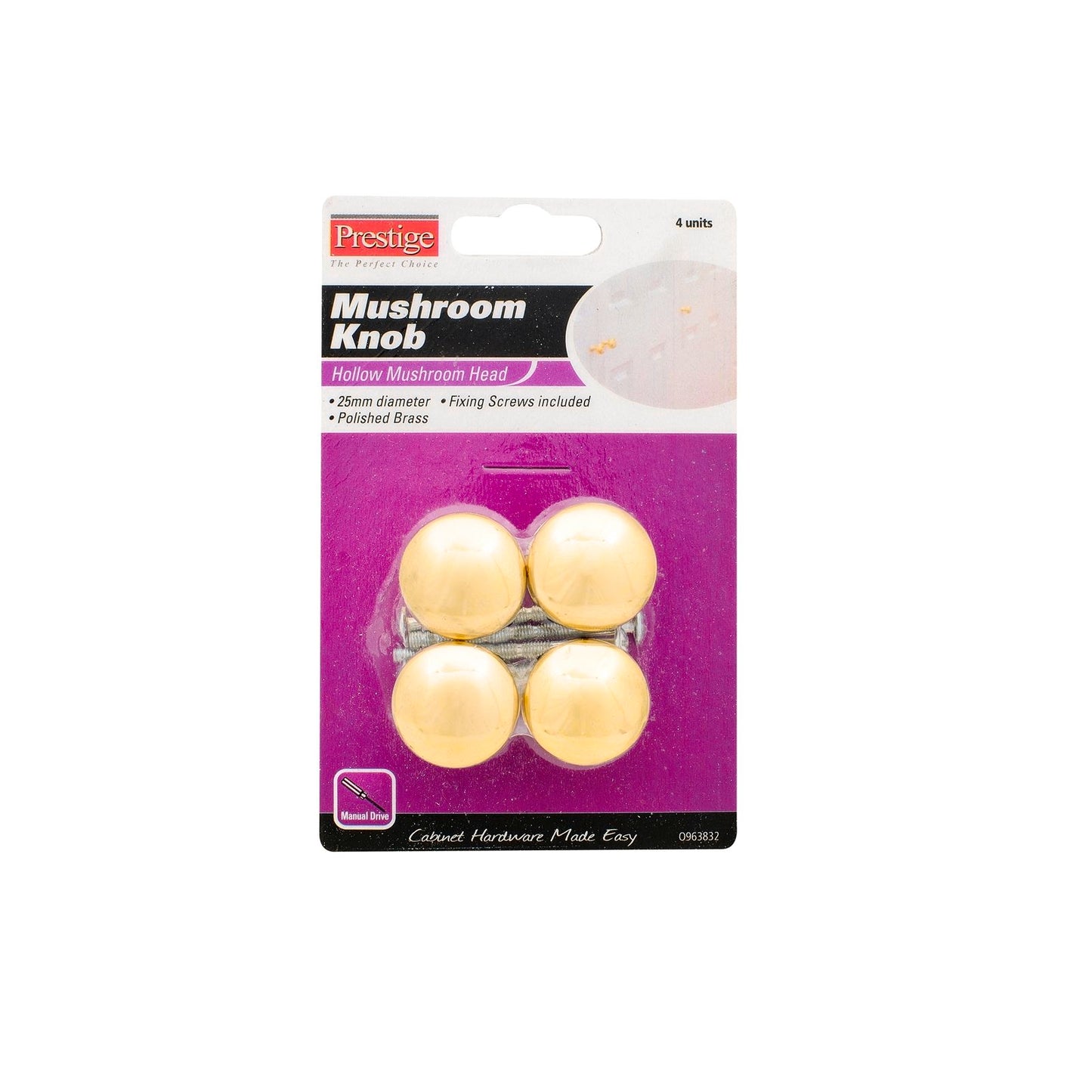 Prestige Mushroom Cupboard Knob - 25mm - Polished Brass - 4 Pack