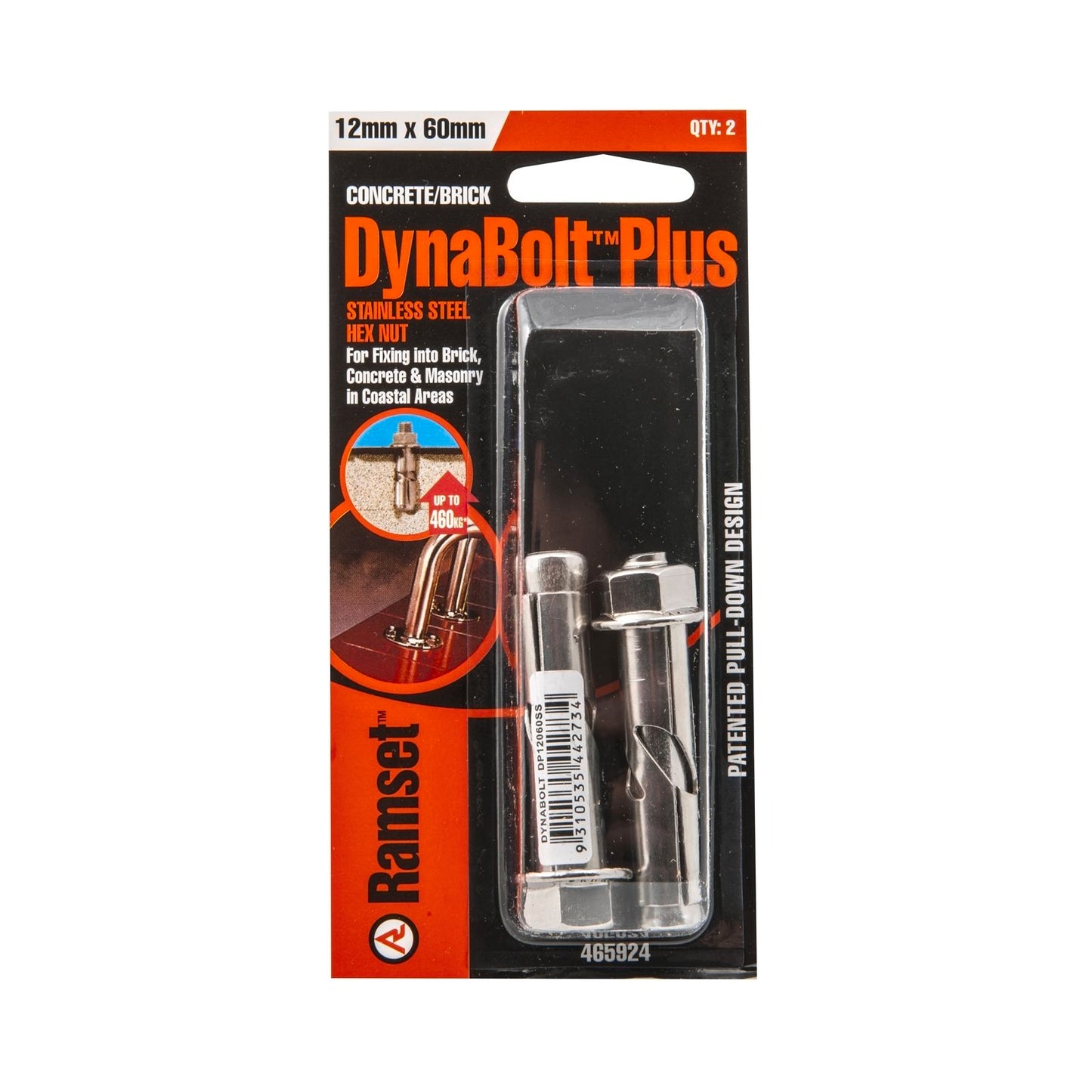 Ramset DynaBolt Plus - 12 x 60mm - Stainless Steel - 2 Pack