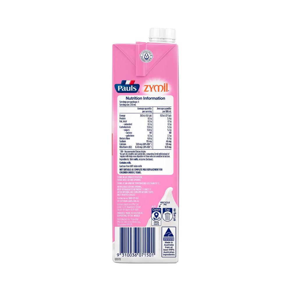 Pauls Zymil Skim Long Life Milk - 1L