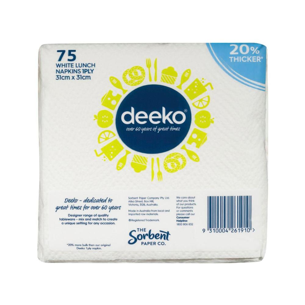 Deeko White Lunch Napkins 1 Ply - 75 pack