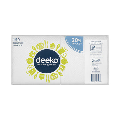 Deeko White Lunch Napkins 1ply - 150 pack