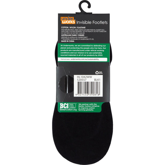 Underworks Ladies Invisible Footlets Black 5 - 8 3 Pack