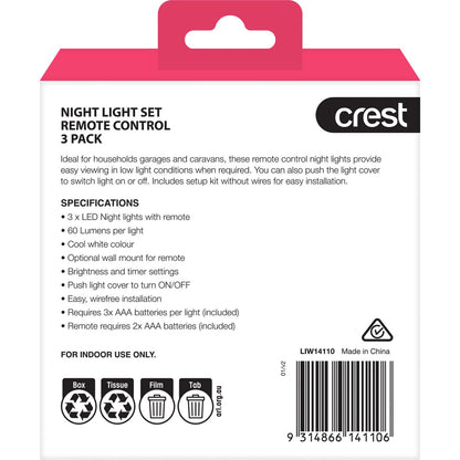 Crest Night Light Set Remote Control Cool White 3 pack