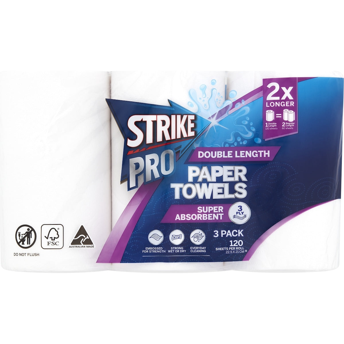 Strike Pro Double Length 3 Ply Paper Towel 3 X 120 Pack