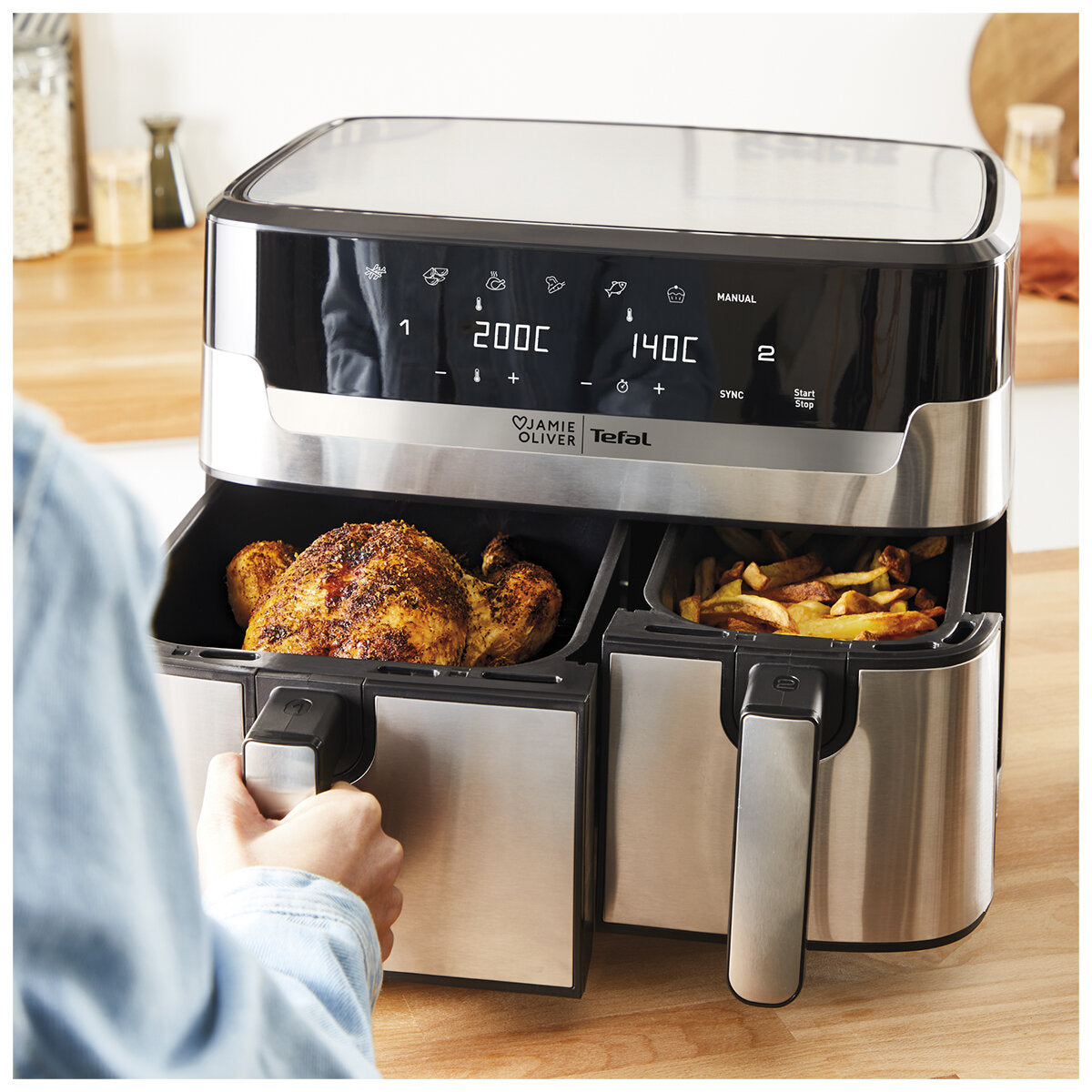 Tefal Jamie Oliver Dual Drawer Air Fryer EY905J Stainless Steel 8.3L