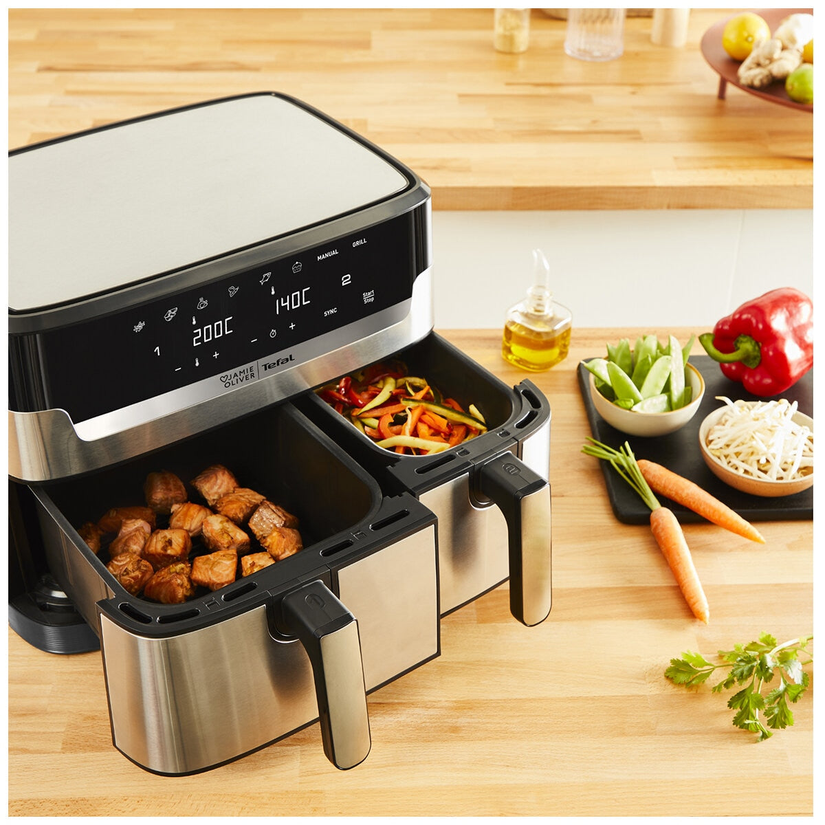 Tefal Jamie Oliver Dual Drawer Air Fryer EY905J Stainless Steel 8.3L