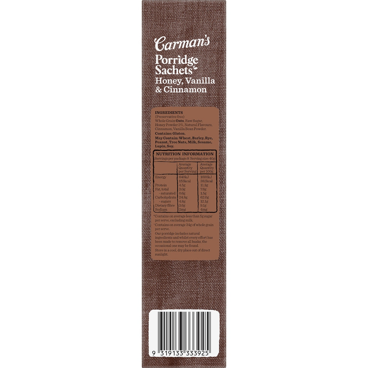 Carmans Honey, Vanilla & Cinnamon Gourmet Porridge Sachets 320g