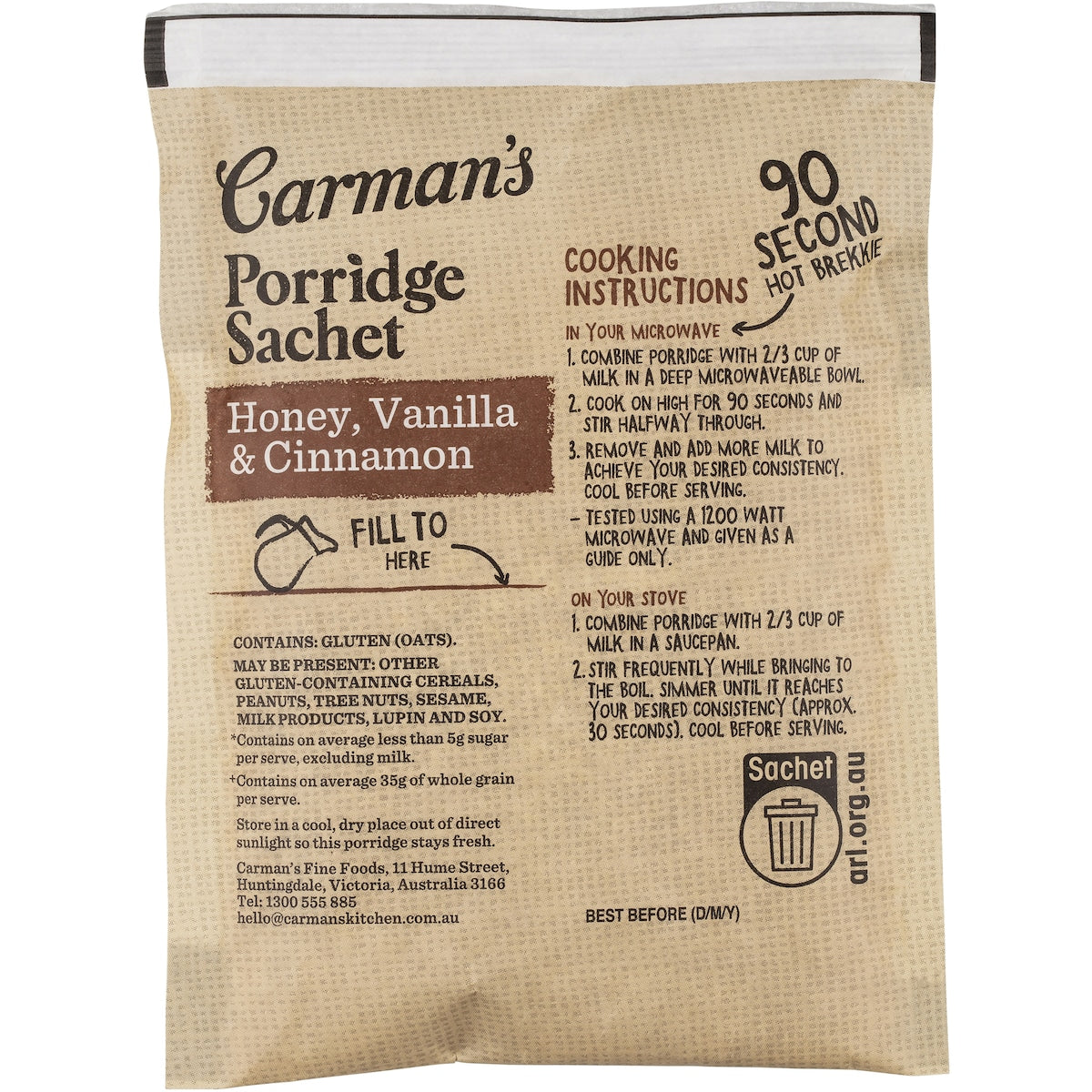 Carmans Honey, Vanilla & Cinnamon Gourmet Porridge Sachets 320g