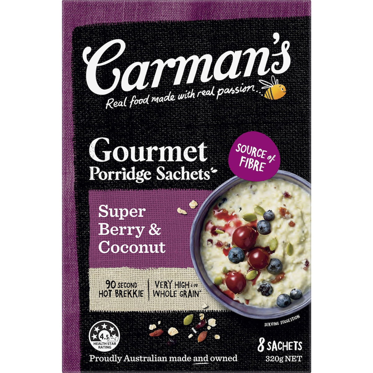 Carmans Porridge Sachets Super Berry & Coconut 8 Pack