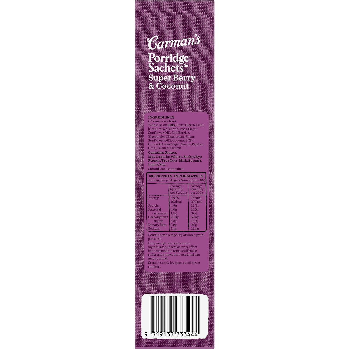 Carmans Porridge Sachets Super Berry & Coconut 8 Pack