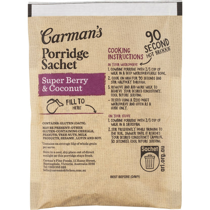 Carmans Porridge Sachets Super Berry & Coconut 8 Pack