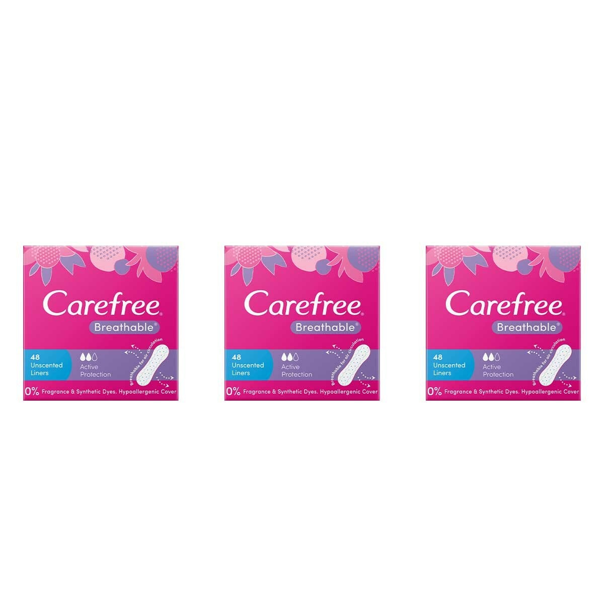 Carefree Breathable Panty Liners Unscented Liners 3 x 48 Pack