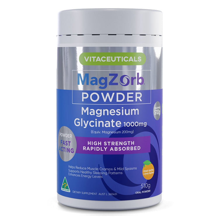 Vitaceuticals Magzorb Magnesium Glycinate 1000mg Powder Gentle Orange Flavoured 510g