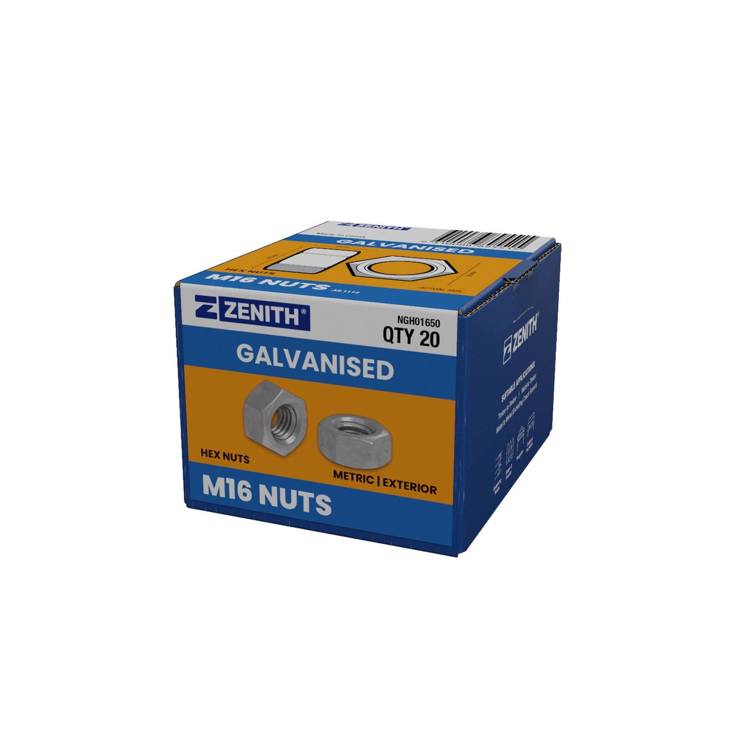 Zenith M16 Hex Nuts - Hot Dip Galvanised - 20 Pack