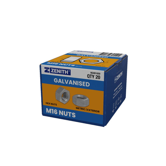 Zenith Hot Dip Galvanised Metric Exterior Hex Nuts M16 20 Pack
