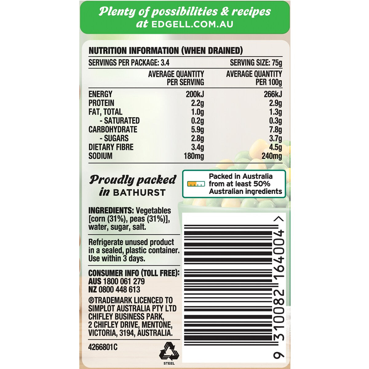 Edgell Baby Peas & Corn Baby Peas & Super Sweet Corn 420g