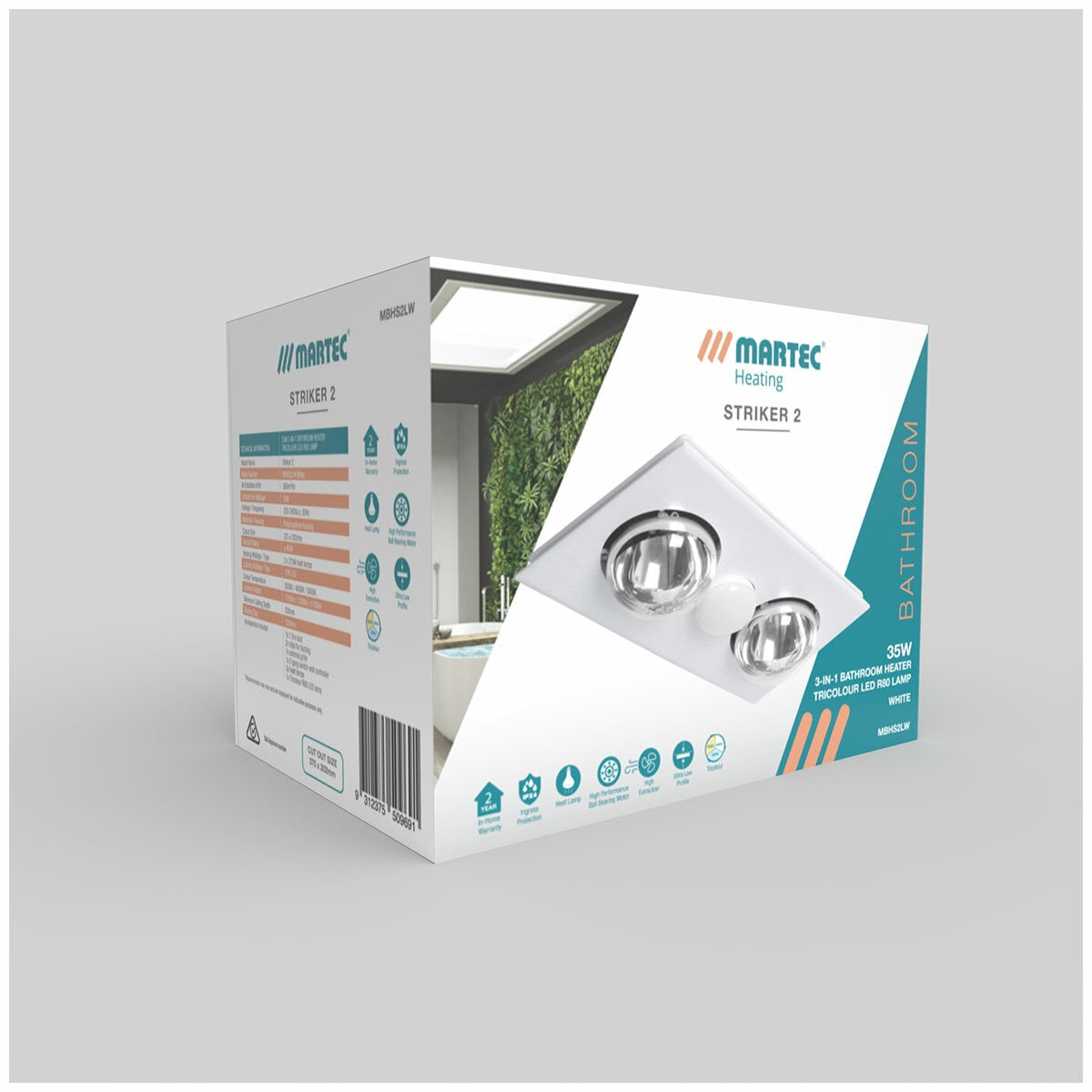 Martec Striker 2 Bathroom Heater/Exhaust Fan MBHS2LW Tri-Colour LED