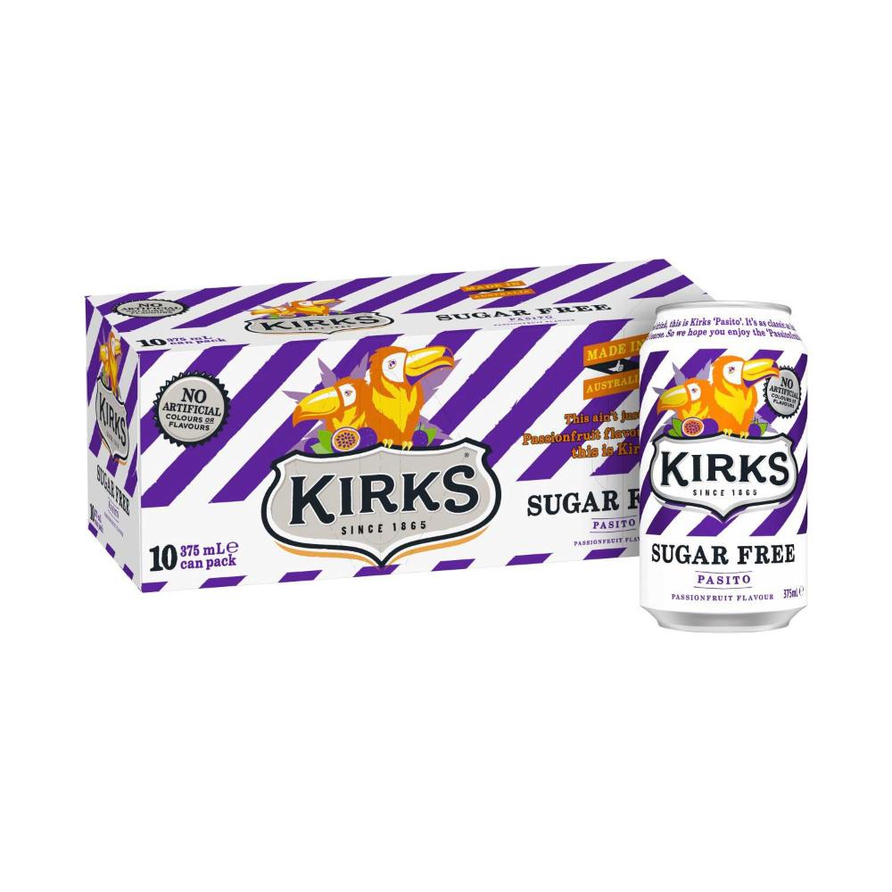 Kirks Pasito Zero Sugar Soft Drink Multipack Cans 375ml - 10 Pack