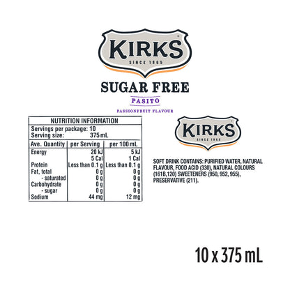 Kirks Pasito Zero Sugar Soft Drink Multipack Cans 375ml - 10 Pack
