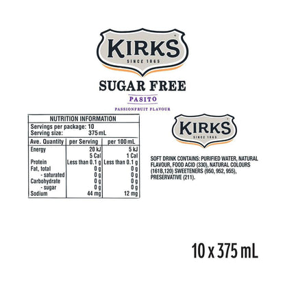 Kirks Pasito Zero Sugar Soft Drink Multipack Cans 375ml - 10 Pack