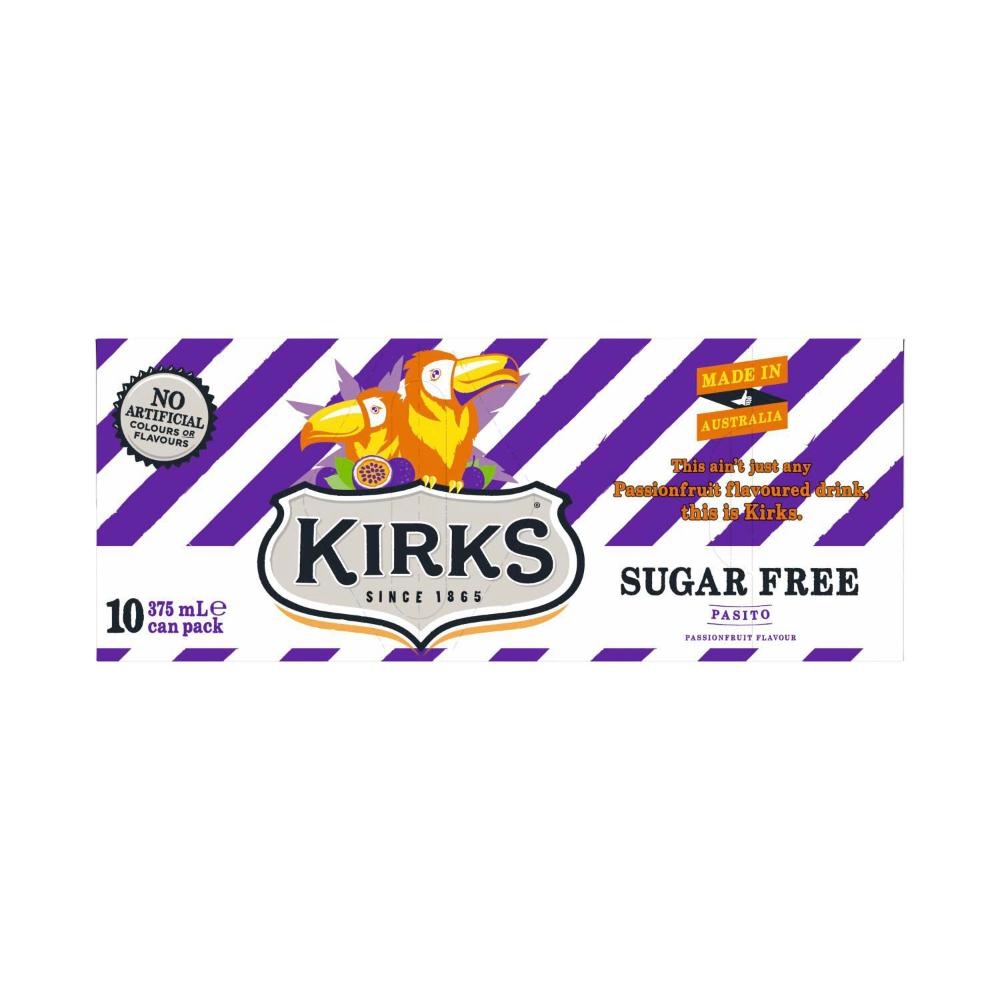Kirks Pasito Zero Sugar Soft Drink Multipack Cans 375ml - 10 Pack