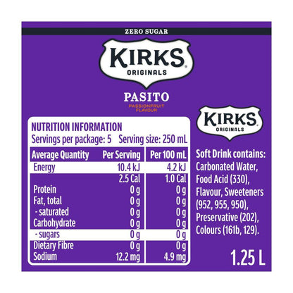 Kirks Pasito Zero Sugar Soft Drink Bottle - 1.25L