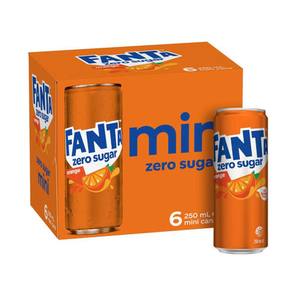 Fanta Orange Zero Sugar Soft Drink Mini Cans 6x250ml - 6 Pack