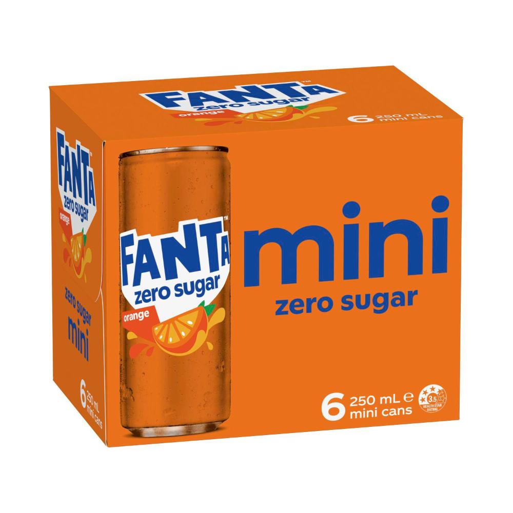 Fanta Orange Zero Sugar Soft Drink Mini Cans 6x250ml - 6 Pack