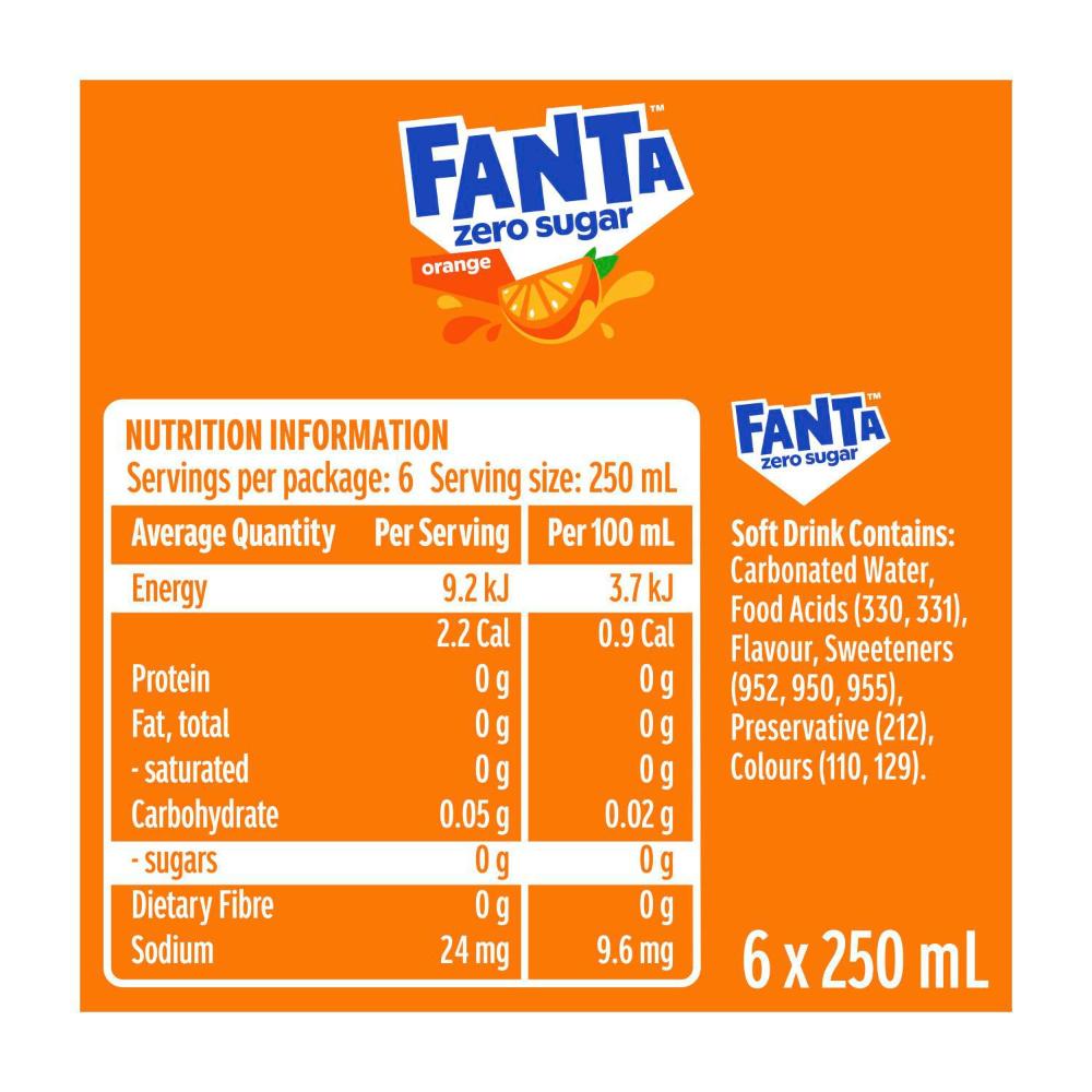 Fanta Orange Zero Sugar Soft Drink Mini Cans 6x250ml - 6 Pack