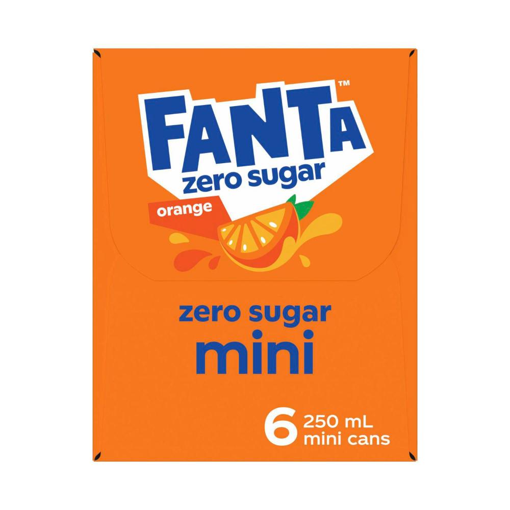 Fanta Orange Zero Sugar Soft Drink Mini Cans 6x250ml - 6 Pack