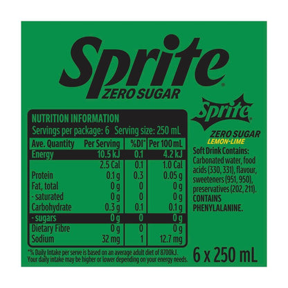 Sprite Zero Sugar Lemonade Soft Drink Multipack Mini Cans 250ml - 6 Pack