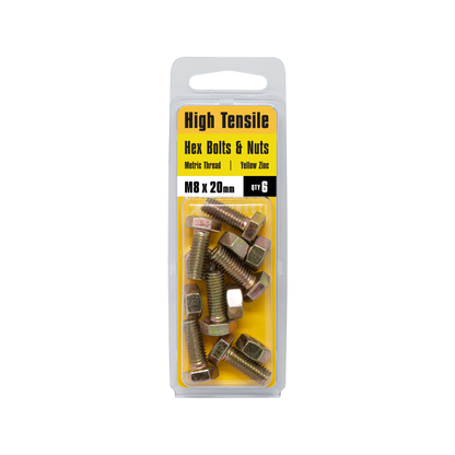 Pinnacle Hex Bolt and Nut - 8 x 20mm - Yellow - 6 Pack